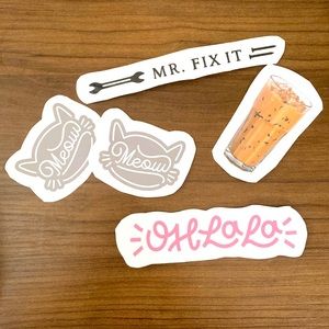 Vinyl Stickers! 1. “Mr. fix it” 2. “Meow” 3. “Oh la la” 4. Iced coffee